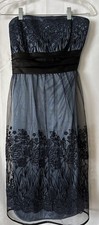 Dressbarn Collection Dress 10 Black Tulle Overlay Silver Blue Evening Tie Waist