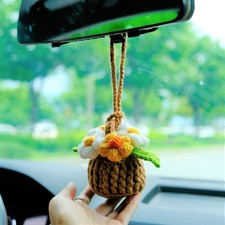 Crochet Fluffy Flowers Car Mirror Hanging Accessories, Mini Daisy Flower Basket