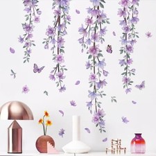 Hanging Purple Flower Wall Stickers Vine Floral Wall Decals for Girls Kids