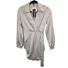 NWT Boohoo Women's 2 Faux Wrap Tie Long Sleeve Mini Dress Champagne