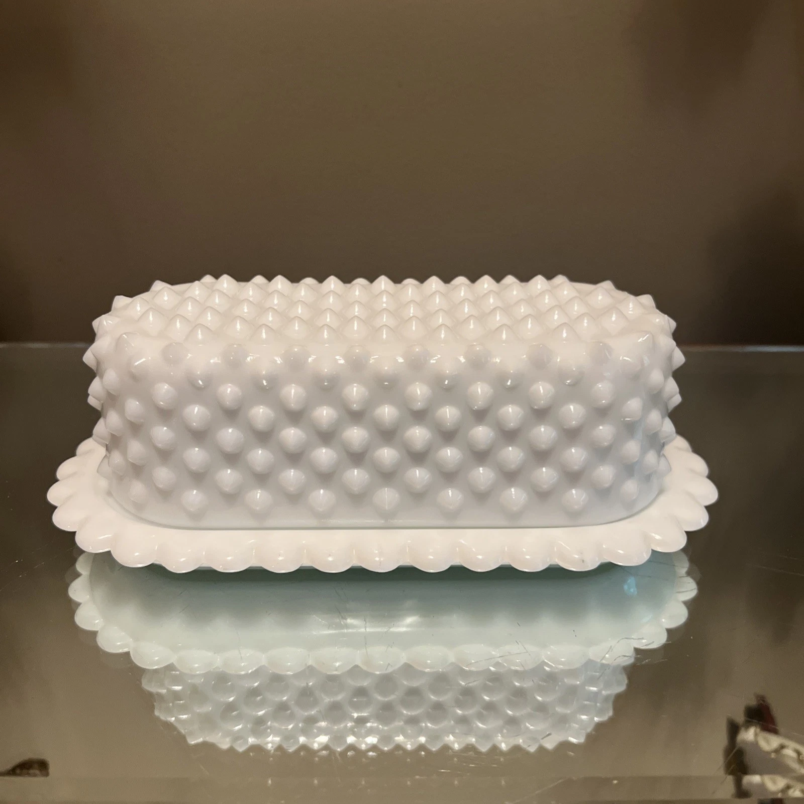 Vintage Fenton Hobnail Milk Glass Covered Butter Dish With Scalloped Edge RARE!