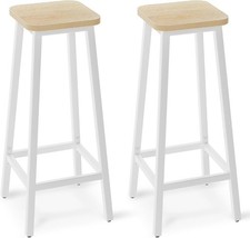 Bar Stools set of 2 Square Base  Tall White Retro Style with Footrest Natural