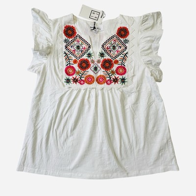 THLM Women s NEW Embroidered Flutter Sleeve Top Sz.Sm Boho Resortwear Casual