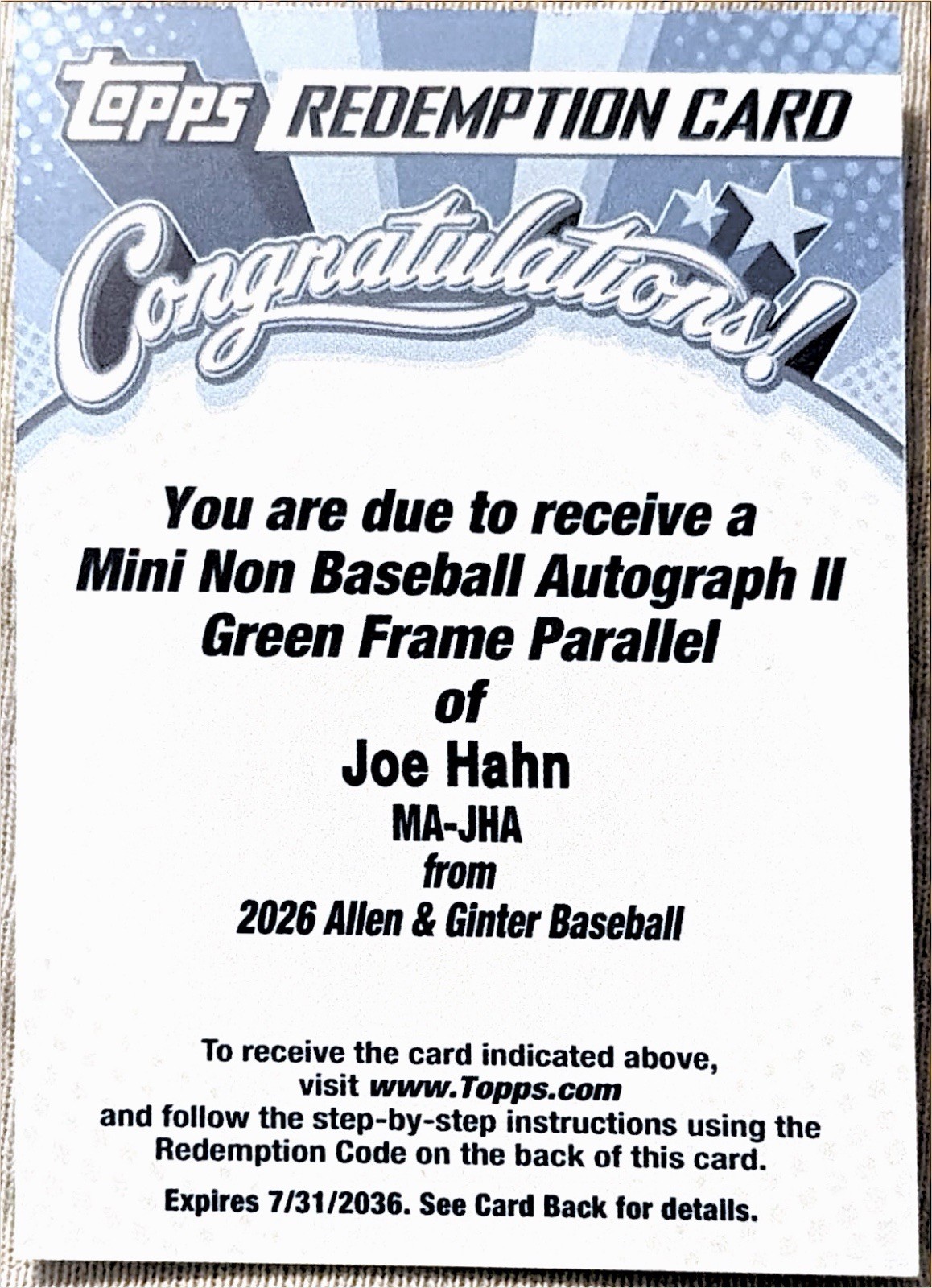 2026 TOPPS ALLEN & GINTER JOE HAHN MINI GREEN FRAME AUTO REDEMPTION (Unredeemed)