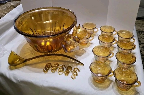Vintage Carnival Glass Punch Bowl 12 Cups Harvest Gold Indiana Glass Iridescent