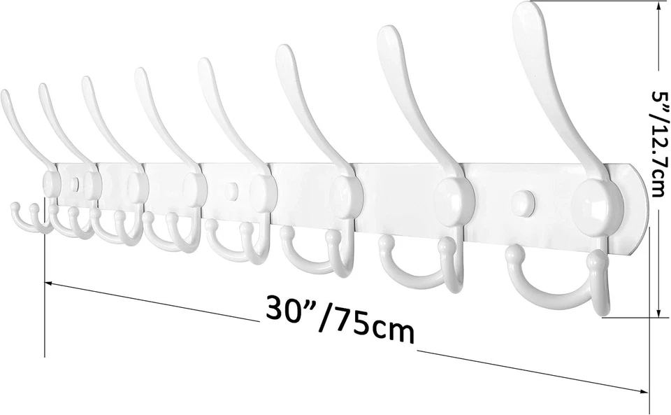 2 Pack 75cm Wall Mounted Coat Racks with 8 Hooks | White Metal Hook Rail - Image 2 of 4