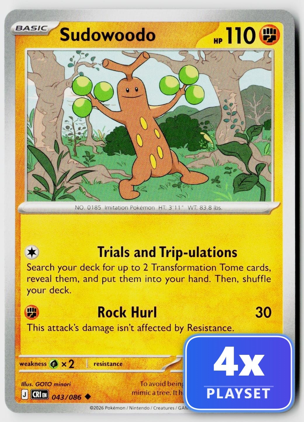 Playset of 4 Sudowoodo 043/086 Uncommon Chaos Rising Pokemon Near Mint