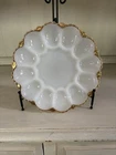 Vintage Anchor Hocking 12 Deviled Egg Or Oyster Plate Milk Glass Gold Rim MCM