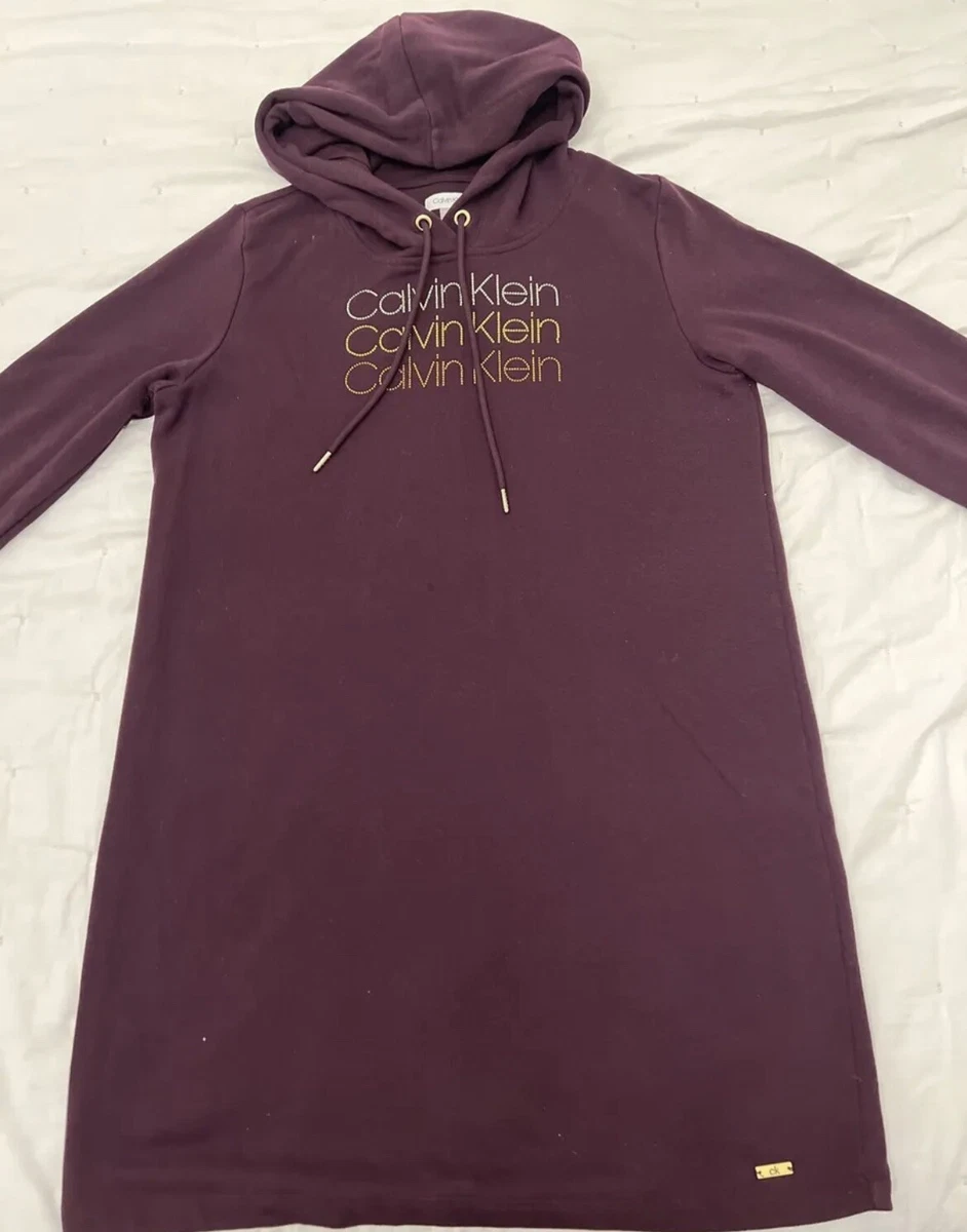 Calvin Klein Logo-Print Hooded Sweatshirt Dress Burgundy/Gold Women\'s Size  Large | eBay