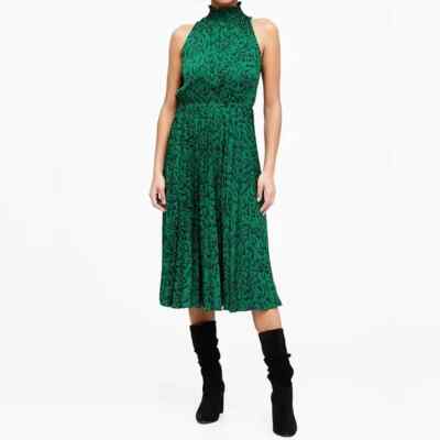 Banana Republic Emerald Green Leopard Satin Mock Neck Slvless Pleated Dress Sz M