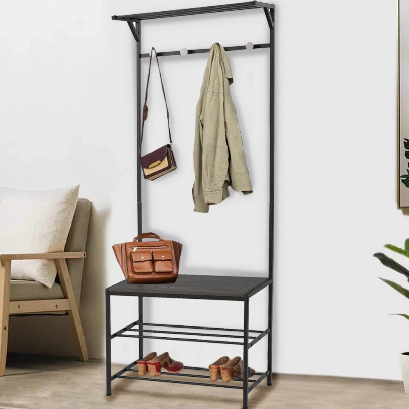 Garderobenständer Modern Vintage mit Schuhablage, Schwarz Holz, 178 cm