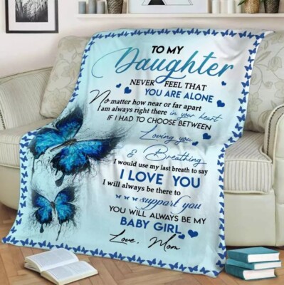 To My Daughter Blue Butterfly Quilt Flannel Blanket Special Warm Gift