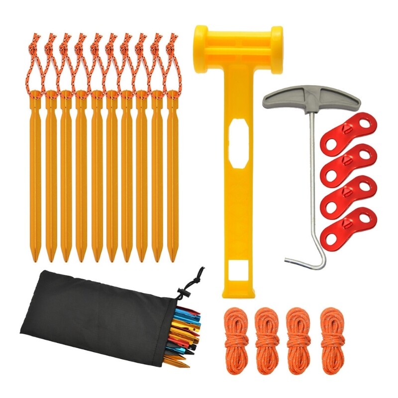 Camping Accessories Kits Aluminum Tent Stakes Hammer Nylon Guyline Rope