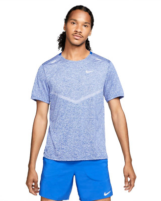 Nike Mens Dri-Fit Rise 365 Running Shirt Lightweight Blue/Silver Mens Size Large