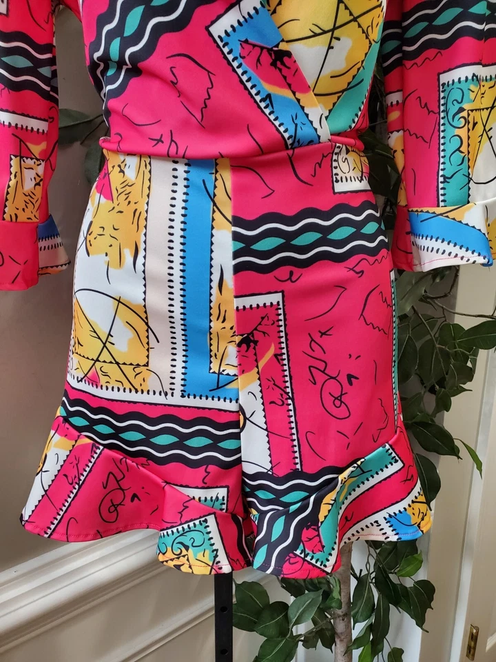 Women's Multicolor Polyester V-Neck Flare Sleeve Belt Bodycon Short Romper Small - Изображение 3 из 4