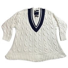 Lane Bryant Women's Plus Size 26/28 White  Navy Cable Knit Deep V-Neck Sweater