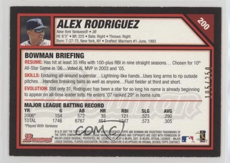 2007 Bowman Orange /250 Alex Rodriguez #200 - Image 2 of 2