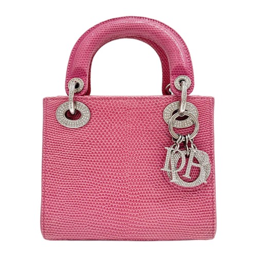 DIOR Mini Lady Dior Bedazzled Hardware Pink Embossed Lizard Leather Hand Bag