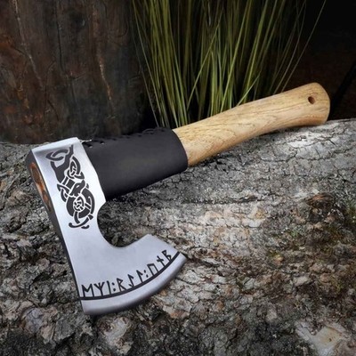 Hand Forged Viking Axe Bearded Camping Hatchet Dragon Engraved with Sheath