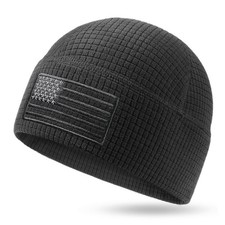 American Flag Embroidered Grid Fleece Waffle Beanie Skull Cap One Size Black