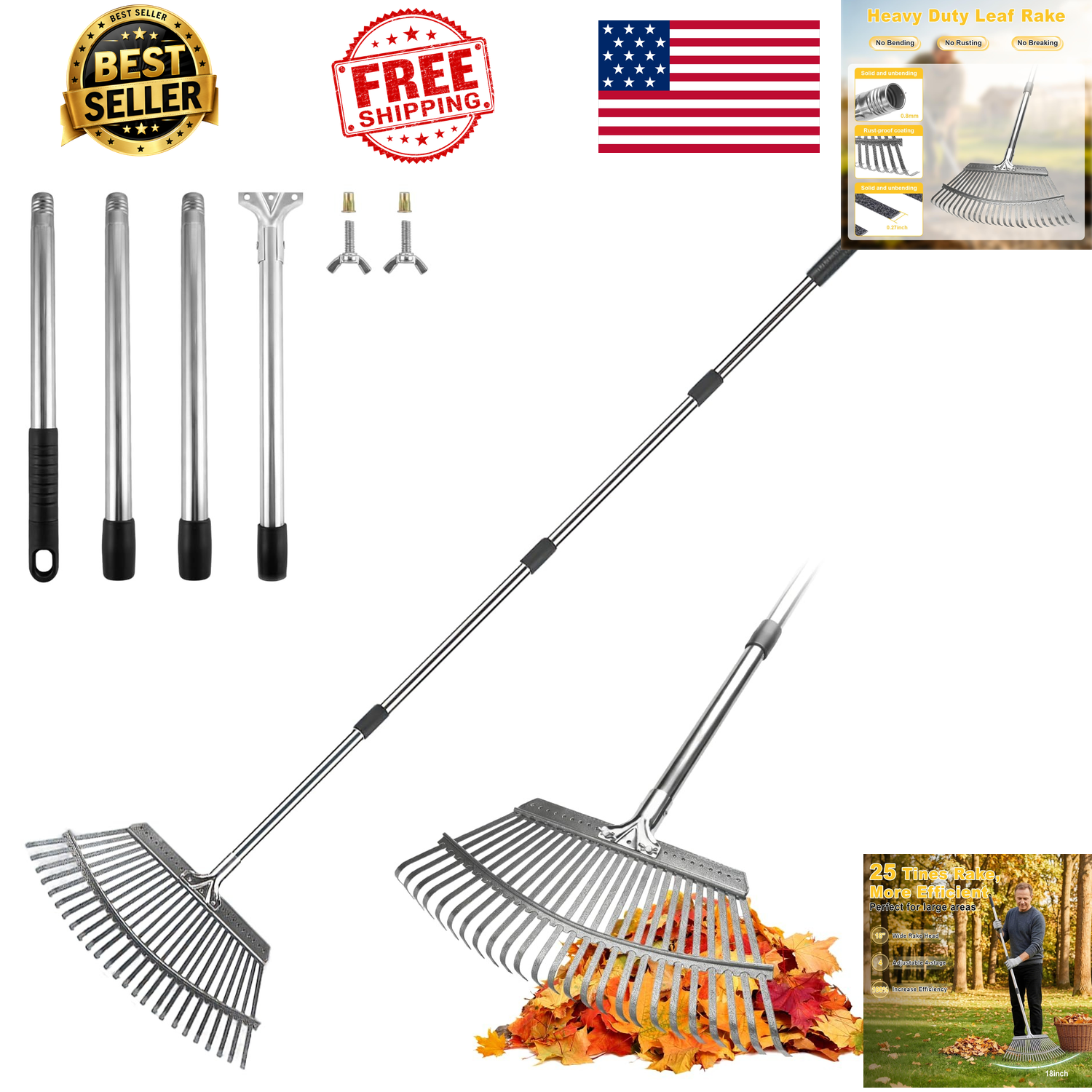 Large Snake Rake Leaf Rake Heavy Duty Adjustable Metal Garden Rake 18 Inch Wide 62 Inch ...