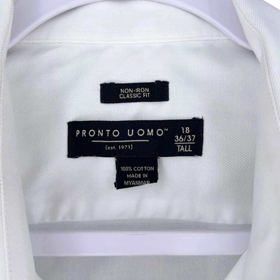 Pronto Uomo Mens White Non Iron Classic Fit Dress Shirt Tall Size 18 36 37 - Image 3 of 4