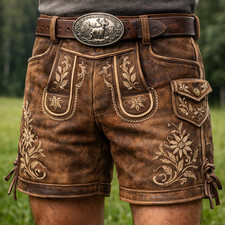 Men&rsquo;s Handmade Bavarian Lederhosen Shorts &ndash; Distressed Brown Suede Leathe
