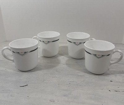 Set of 4 Vintage Corelle Zenith Coffee Mugs Navy Blue Chevron Pink Floral 1990s