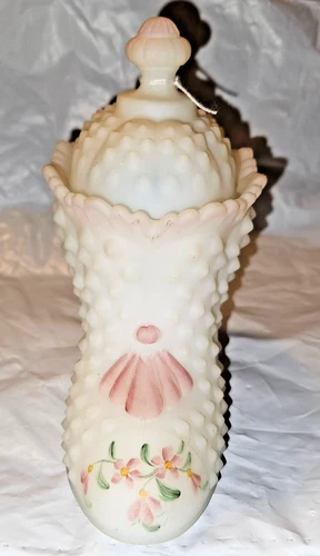Fenton Hand Painted Burmese Glass Hobnail Shoe w/Lid, Artist Signed & Label;Mint