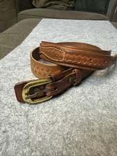 Triple K Brown Ranger Tooled Basketweave Leather Belt 53S-32 Solid Brass Buckle