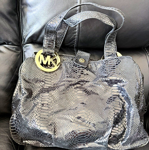Michael Kors Women's Black Snake Print Shoulder Bag Snap Gold Hardware Logo