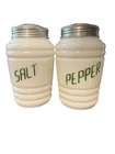 VTG Hazel Atlas Milk Glass Beehive Style Salt & Pepper Shakers Green Script 4.5"