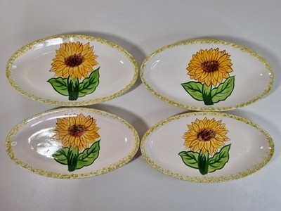 Studiokeramik Sonnenblumenteller 4er Set flach oval Servierschalen handgefertigt
