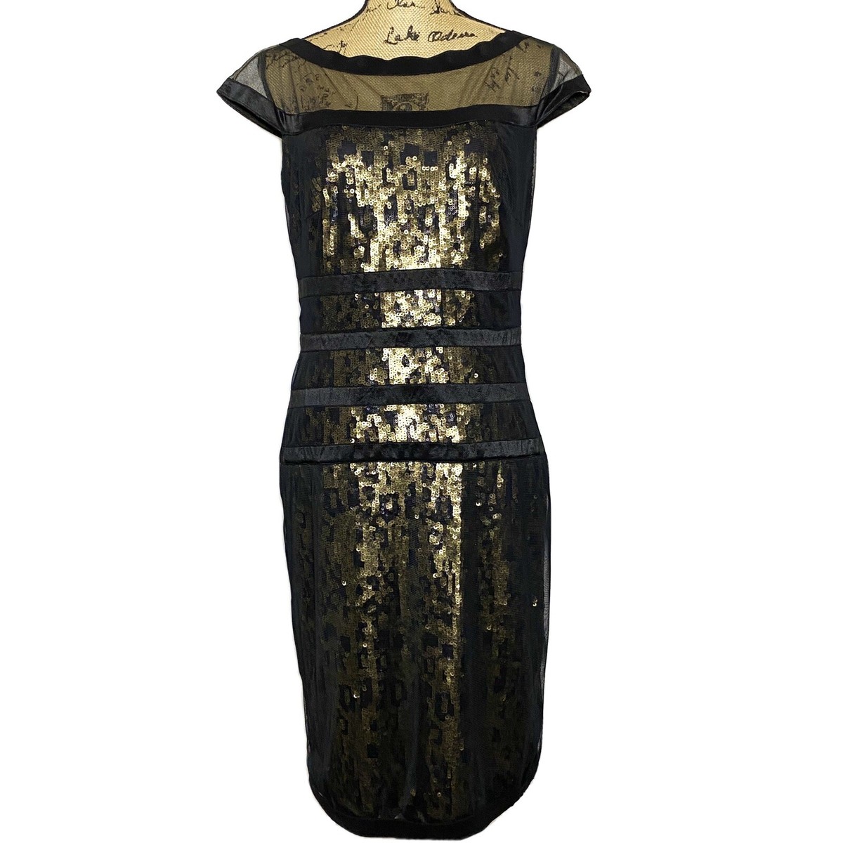 Tadashi Shoji Dress 10 Black Gold Sequin Mesh Sheath Dress Tadashi Shoji Dress 10 Black Gold Sequin Mesh Sheath Dress