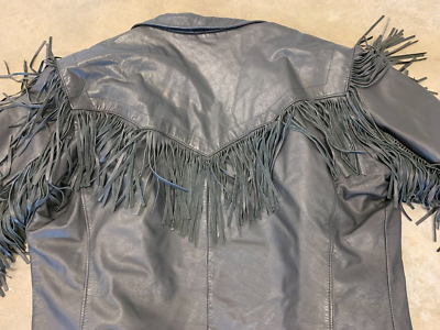 VINTAGE Lariat Black Leather Fringe Zip Front Jacket Made In USA