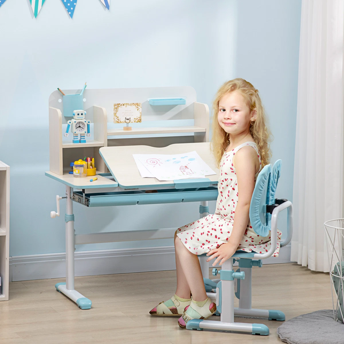 HOMCOM Kids Desk and Chair Set with Storage Shelves Washable