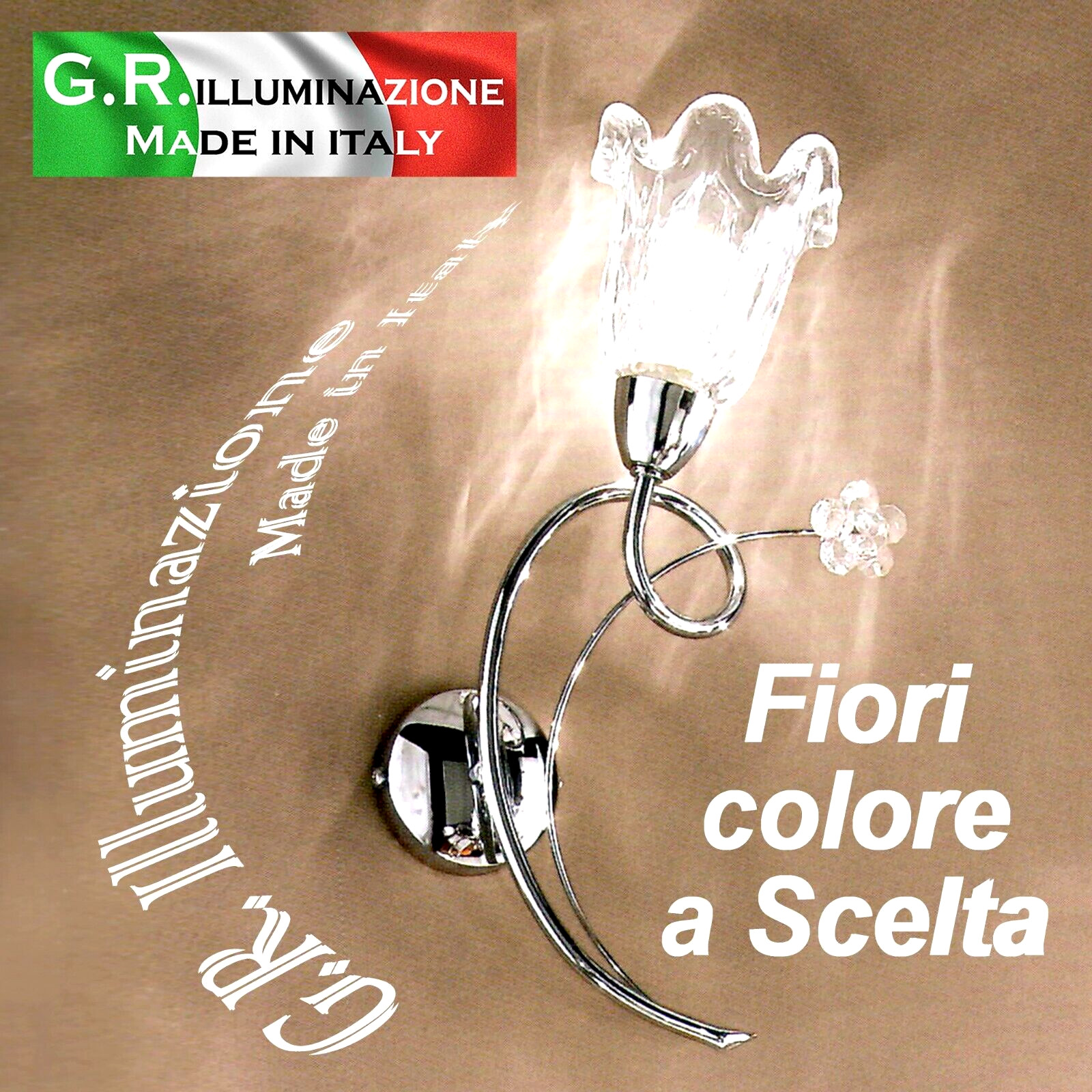 Lampada da Parete Angie con Fiori in Cristallo e Finitura Cromo