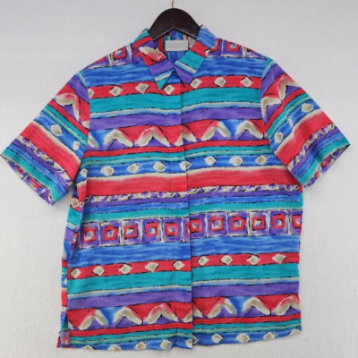 Alfred Dunner Mens Red Blue  Polyester Short Sleeve Button Down Shirt Size 10