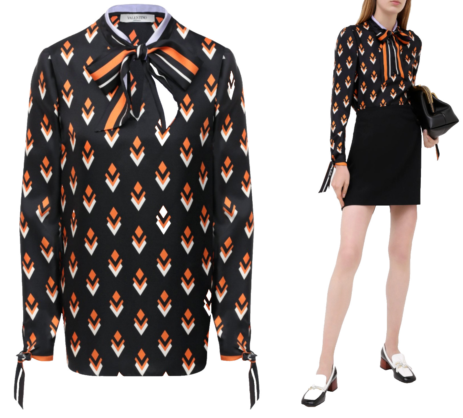 Valentino Garavani Silk Blouse Long Sleeve T-Shirt Tie Blouse Shirt With Scarf M