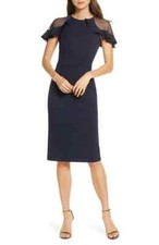 Eliza J Navy Blue Sheer Ruffle Shoulder Cocktail Dress Size 6 Orig $228