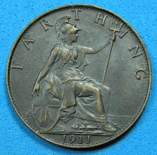 UK Great Britain Farthing Bronze Coin 1911, George V, Combined Shipping