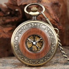 Wood Circle Case Mechanical Pocket Watch Hand-wind Antique Skeleton Fob Chain