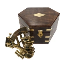 4" Small Polished Brass Sextant and Wooden Storage Box- Antique Vintage Style