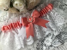 WEDDING GARTER PEACH APRICOT satin white lace hearts bridal shower gift box new