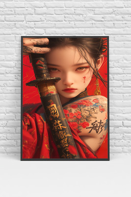 Asian Samurai Japanese Girl Tattoo Poster Print - No Frame