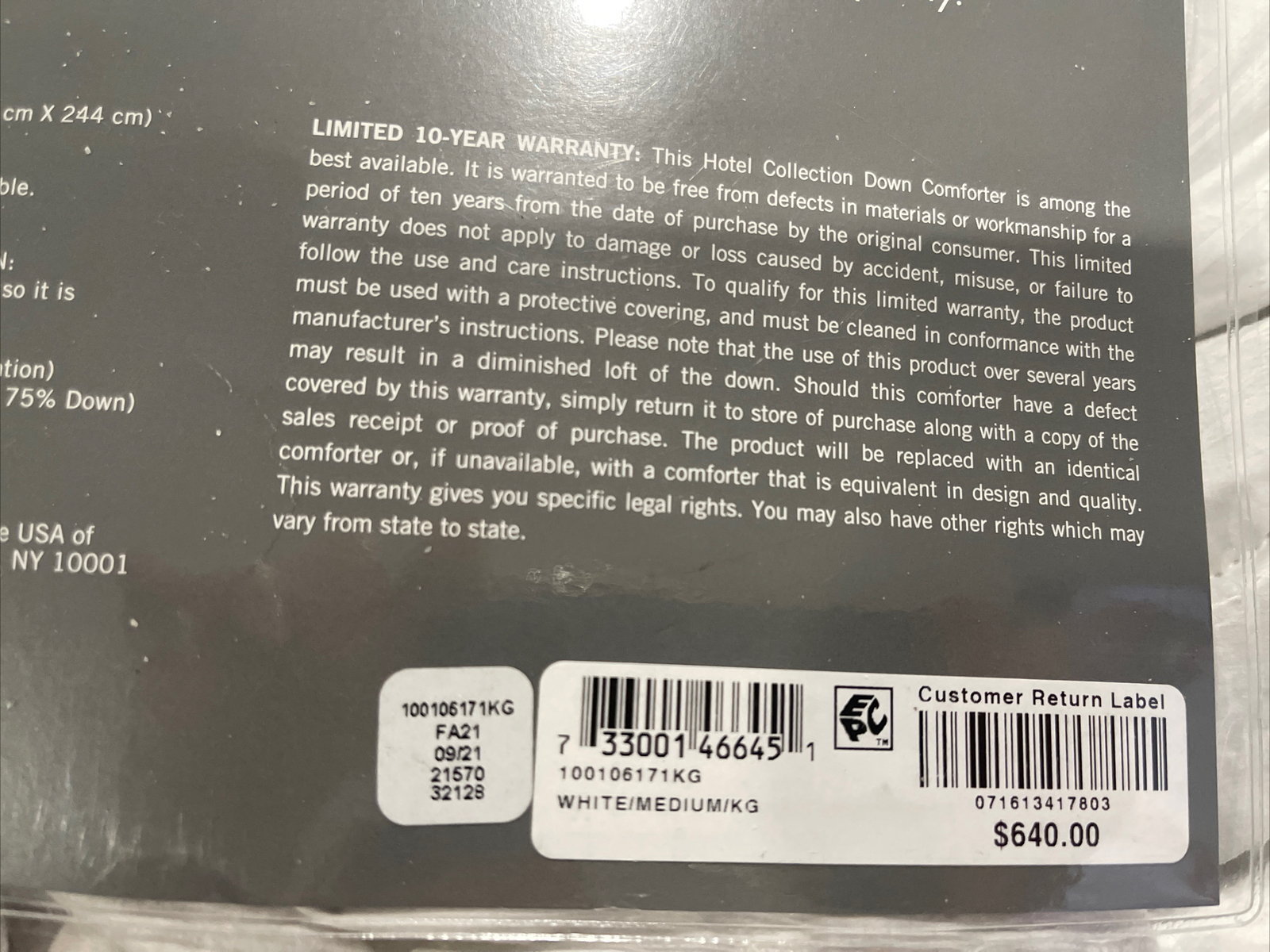 Hotel Collection European Platinum Down Comforter KING Medium Weight