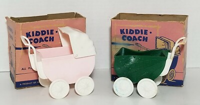 Vtg Pink & Rare Green White Top Plastic Kiddie Coach Stroller Pram Carriage Toys