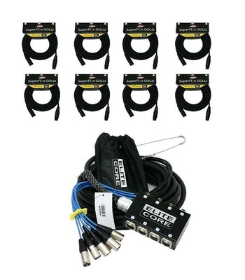 Elite Core 8 Channel 30' XLR Mic Stage Audio Snake & 8 30ft Lay Flat Mic Cables