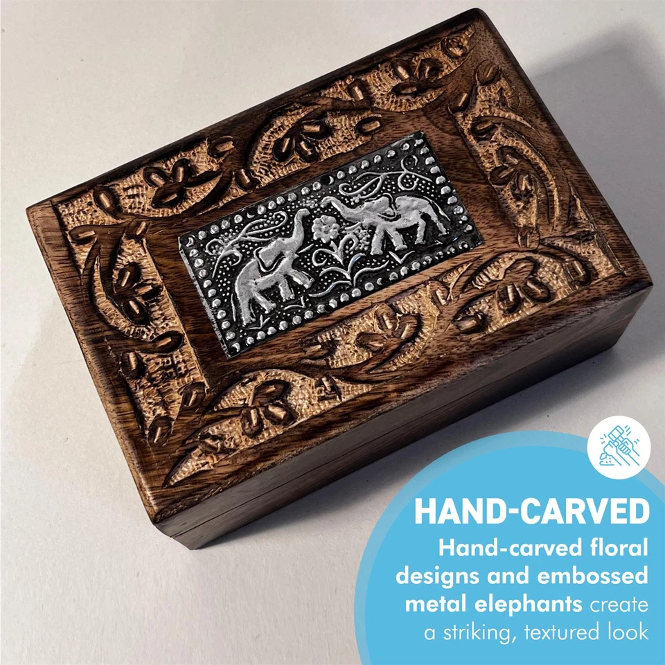 Handcrafted Mango Wood Trinket Box with Elephant Embossed Design - Image 3 of 4