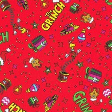HOW THE GRINCH STOLE CHRISTMAS PRSENTS ON RED KAUFMAN DR SEUSS COTTON FABRIC HY